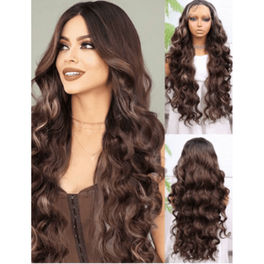 30 Inch Brown Wave 13x4 Front Lace Wig - Heat Resistant Synthetic