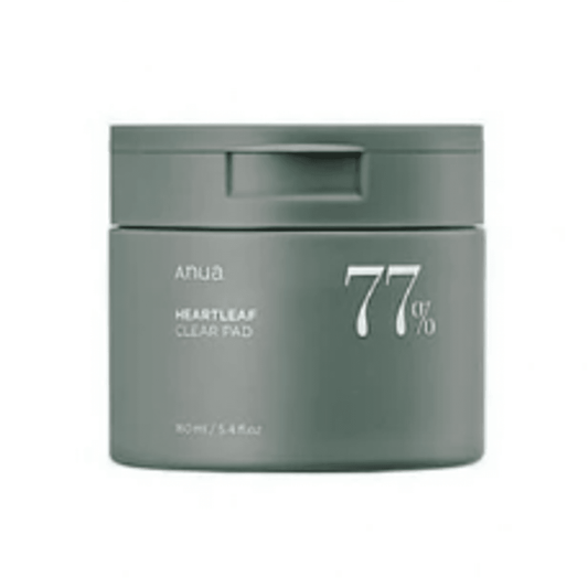 Front view of Anua Heartleaf 77% Clear Pad dark green jar with 160ml label