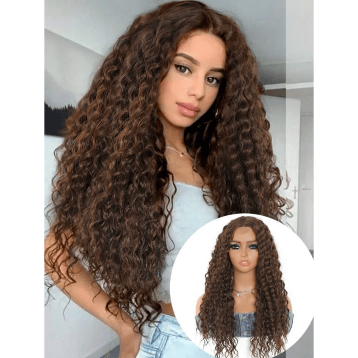 Cascade Kinky Curly Luxe Lace Front Wig lifestyle model brown