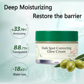Dark Spot Correcting Glow Cream with deep moisturizing benefits and barrier repair icons on teal background