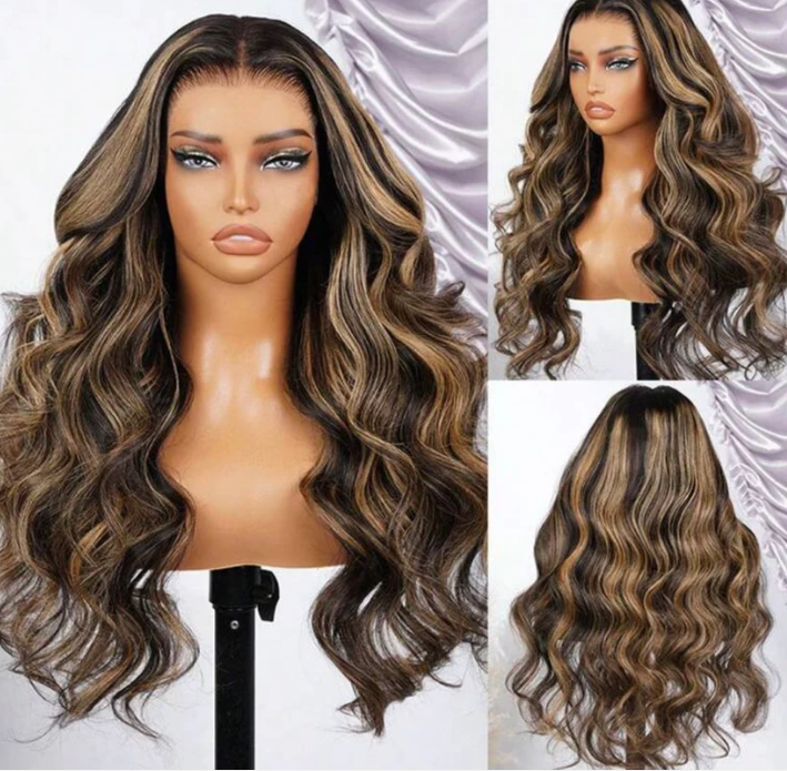 Opulence Brandy Silk Wave Luxe Blend Wig front and side views brown highlights