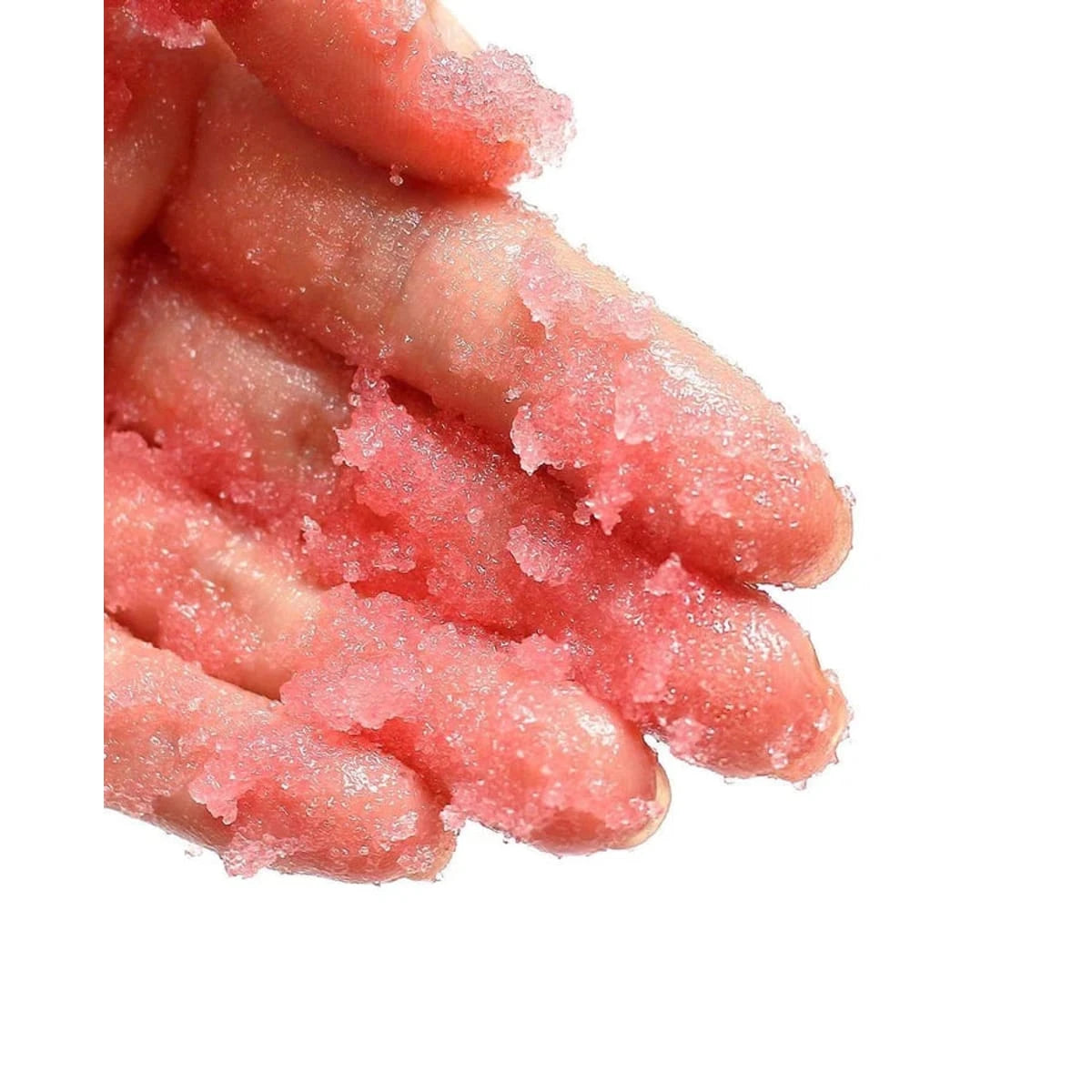 Lip Therapy Scrub Pink Lip Effect applied to hand showing pink sugar scrub texture