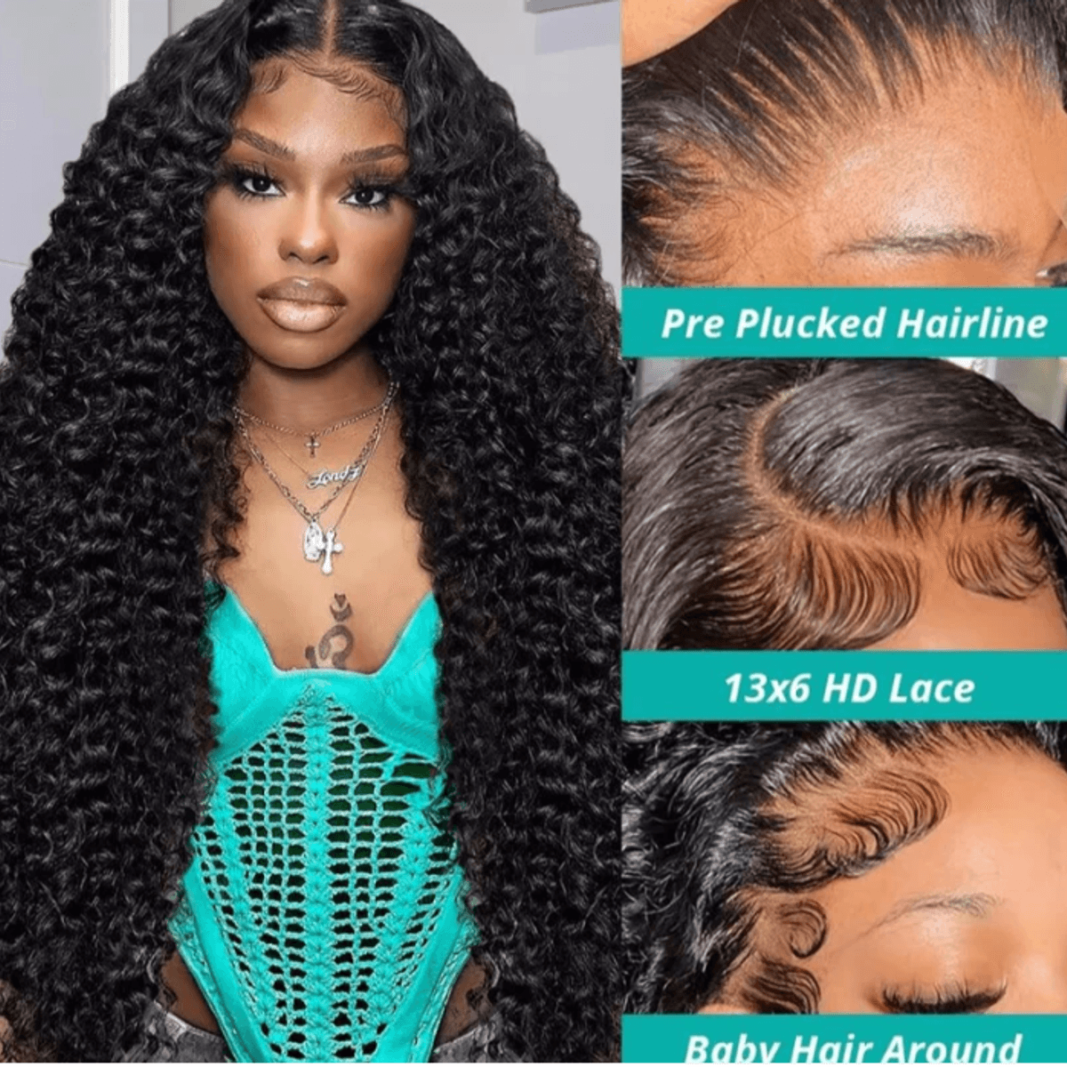 Glueless Deep Wave 5x5 Lace Wig worn showing pre-plucked hairline HD lace and baby hair