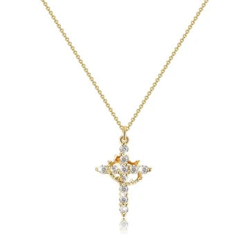 Cubic Zirconia Cross Pendant Necklace — Gold & Silver 