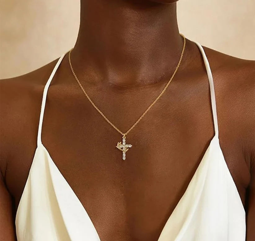 Cubic Zirconia Cross Pendant Necklace — Gold & Silver 