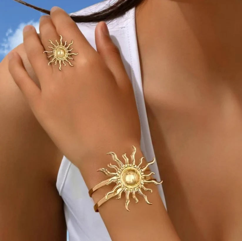 Gold Sun Bracelet & Ring Set — 2 Piece Boho Jewellery 