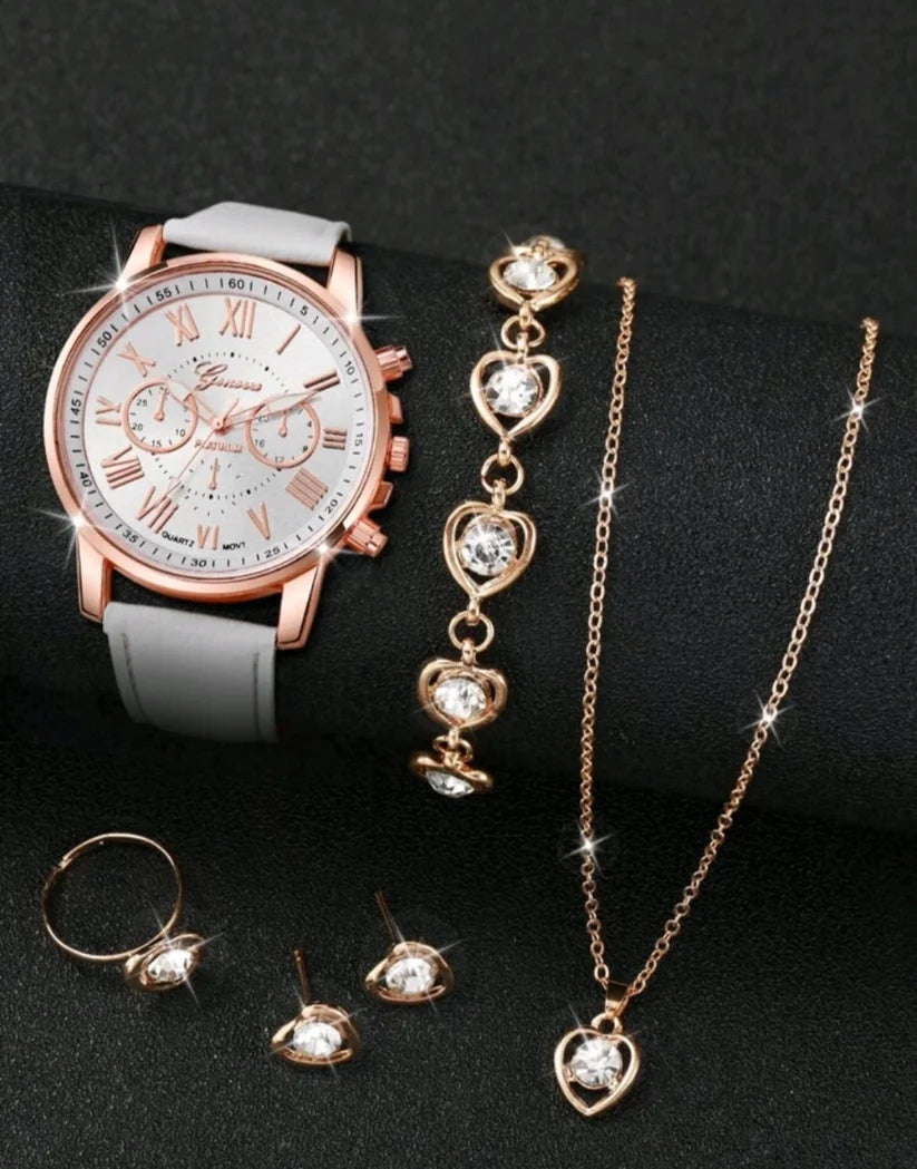 Geneva Roman Dial Watch & Heart Crystal Jewellery Set — 5 Pieces 