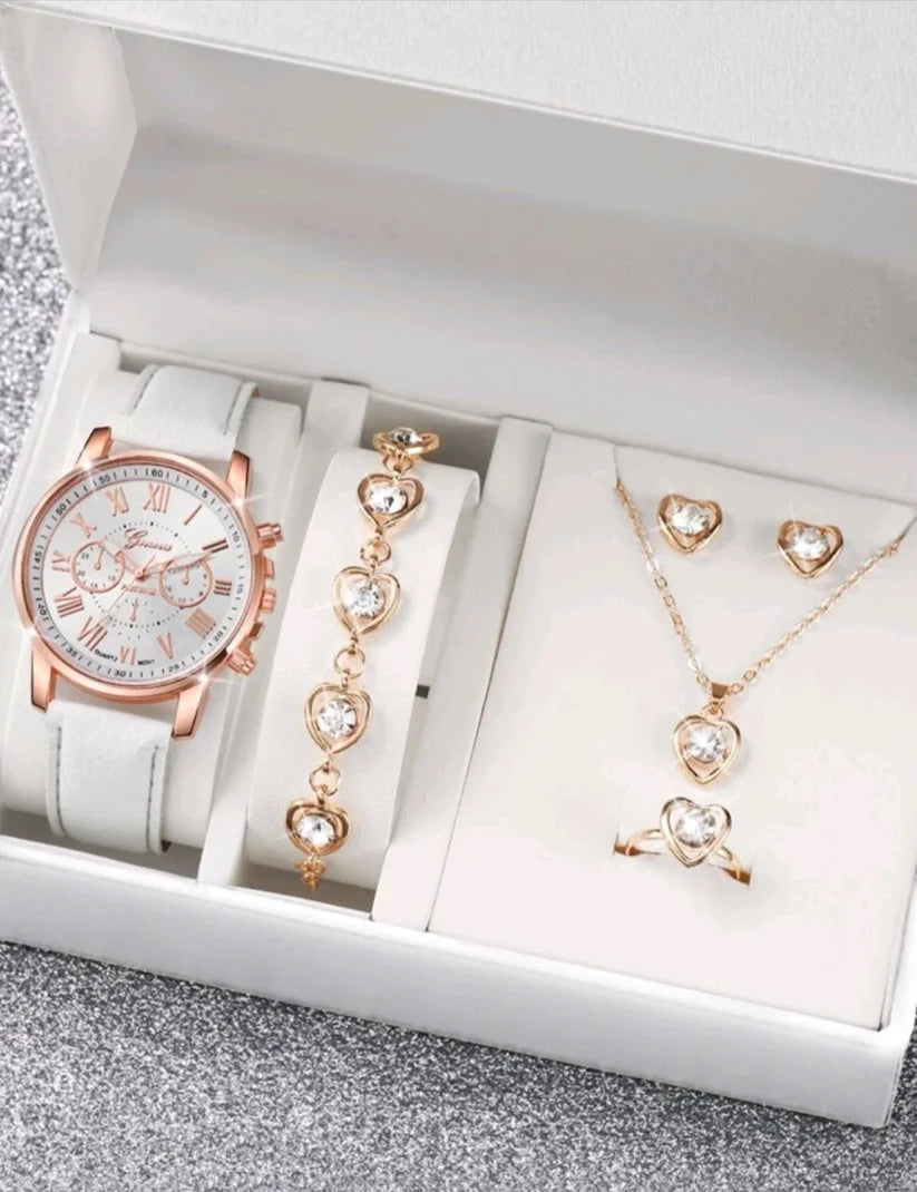 Geneva Roman Dial Watch & Heart Crystal Jewellery Set — 5 Pieces 