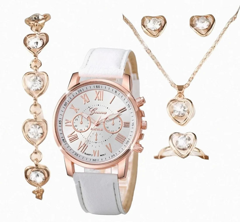 Geneva Roman Dial Watch & Heart Crystal Jewellery Set — 5 Pieces 
