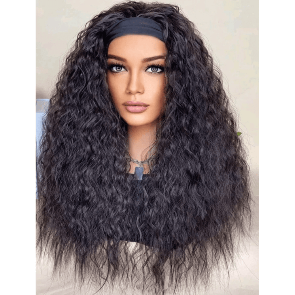 Dark Brown Headband Wig on mannequin front view 20 inch water wave