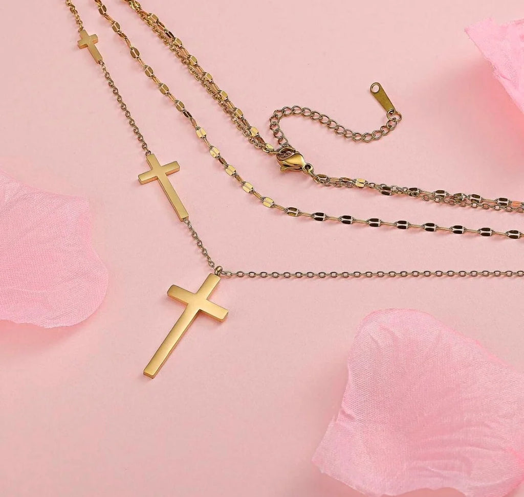 Layered Triple Cross Necklace — Gold Titanium Steel with Gift Box 