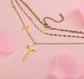 Layered Triple Cross Necklace — Gold Titanium Steel with Gift Box 