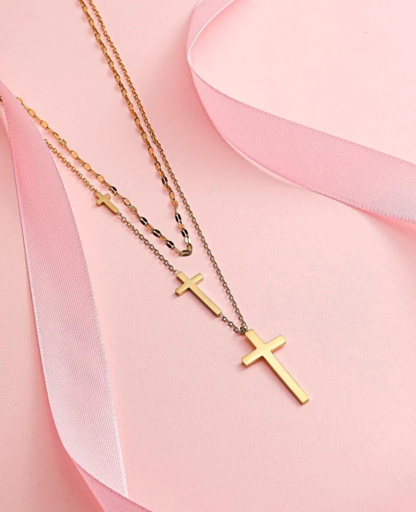 Layered Triple Cross Necklace — Gold Titanium Steel with Gift Box 