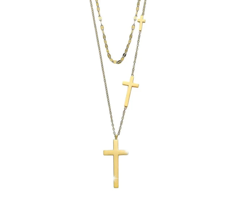 Layered Triple Cross Necklace — Gold Titanium Steel with Gift Box 