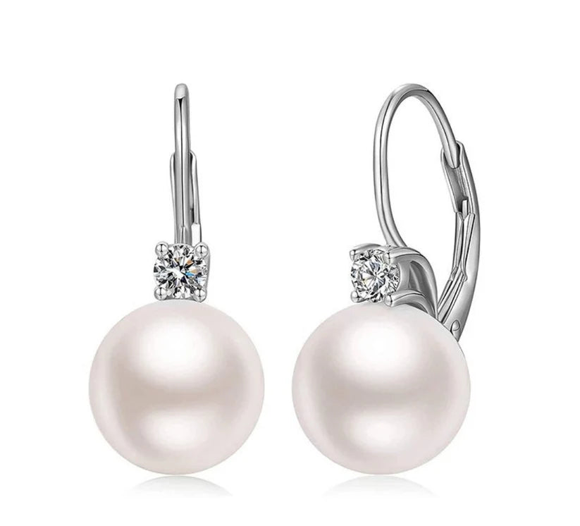 925 Sterling Silver Pearl & Zirconia Drop Earrings — 10mm Culture Pearl 