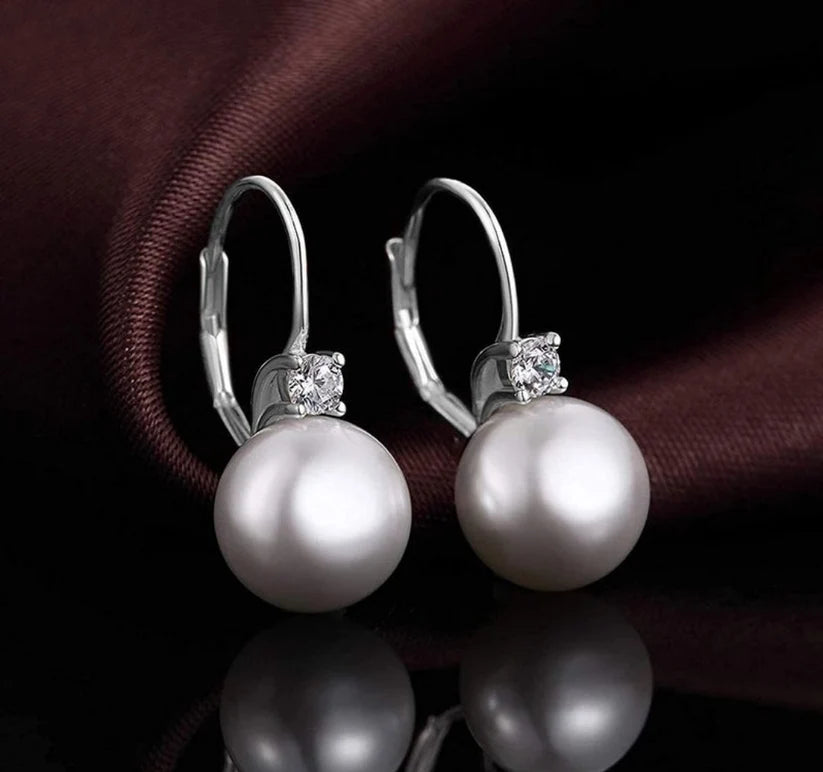925 Sterling Silver Pearl & Zirconia Drop Earrings — 10mm Culture Pearl 
