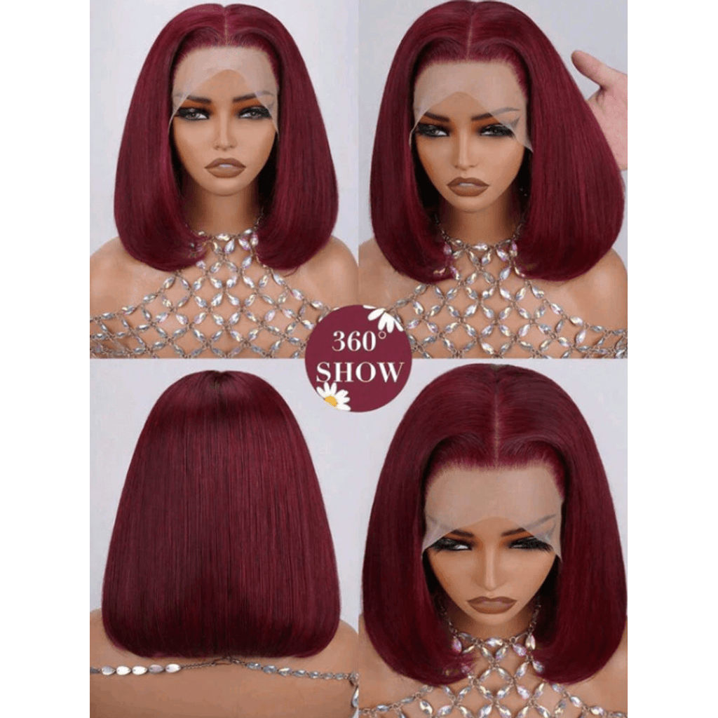 Burgundy 99J Lace Front Human Hair Bob Wig 360 view on mannequin