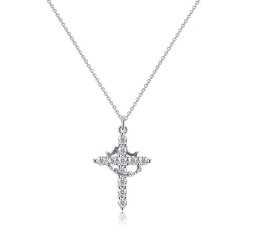 Silver Cross & Crown Zirconia Pendant Necklace with Chain 