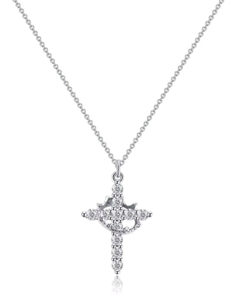 Silver Cross & Crown Zirconia Pendant Necklace with Chain 