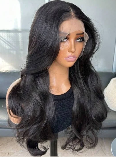 Natural Black Curtain Bangs Human Blend Lace Front Wig — 22 Inch Wavy Front View
