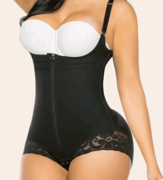 Open Bust Bodysuit Shapewear in Black — Zip Front and Lace Hem