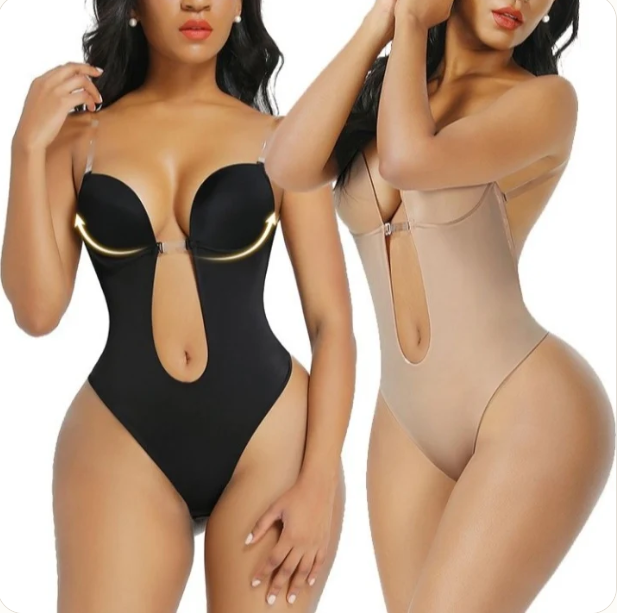 U-Plunge Backless Thong Bodysuit in Black — Low Cut Seamless Design