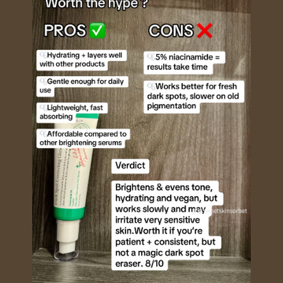 Product review graphic listing pros cons and verdict for AXIS-Y glow serum on wooden background