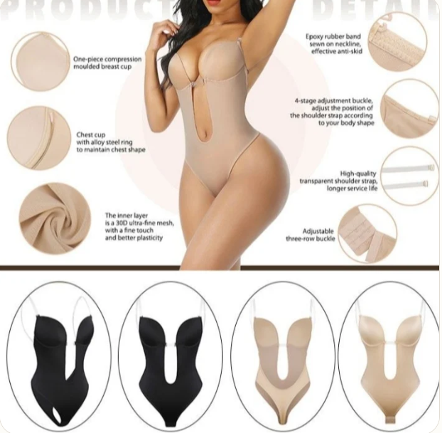 U-Plunge Backless Thong Bodysuit — Seamless Low Cut Backless View