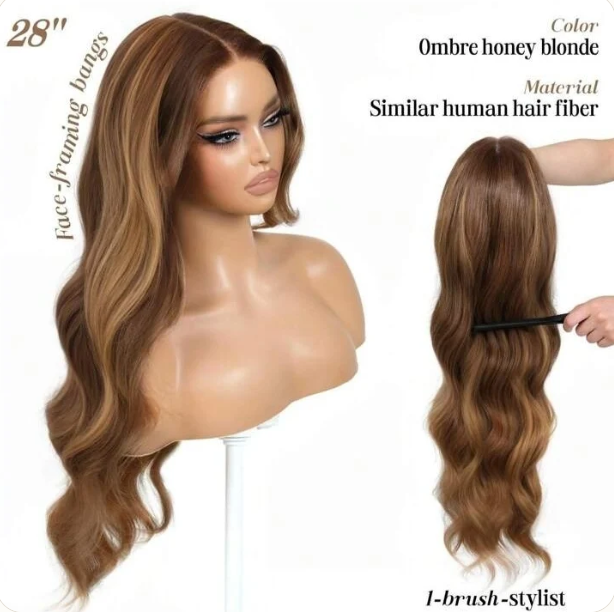 Ombre Honey Blonde Body Wave Lace Front Wig — 28 Inch face-framing bangs full length view