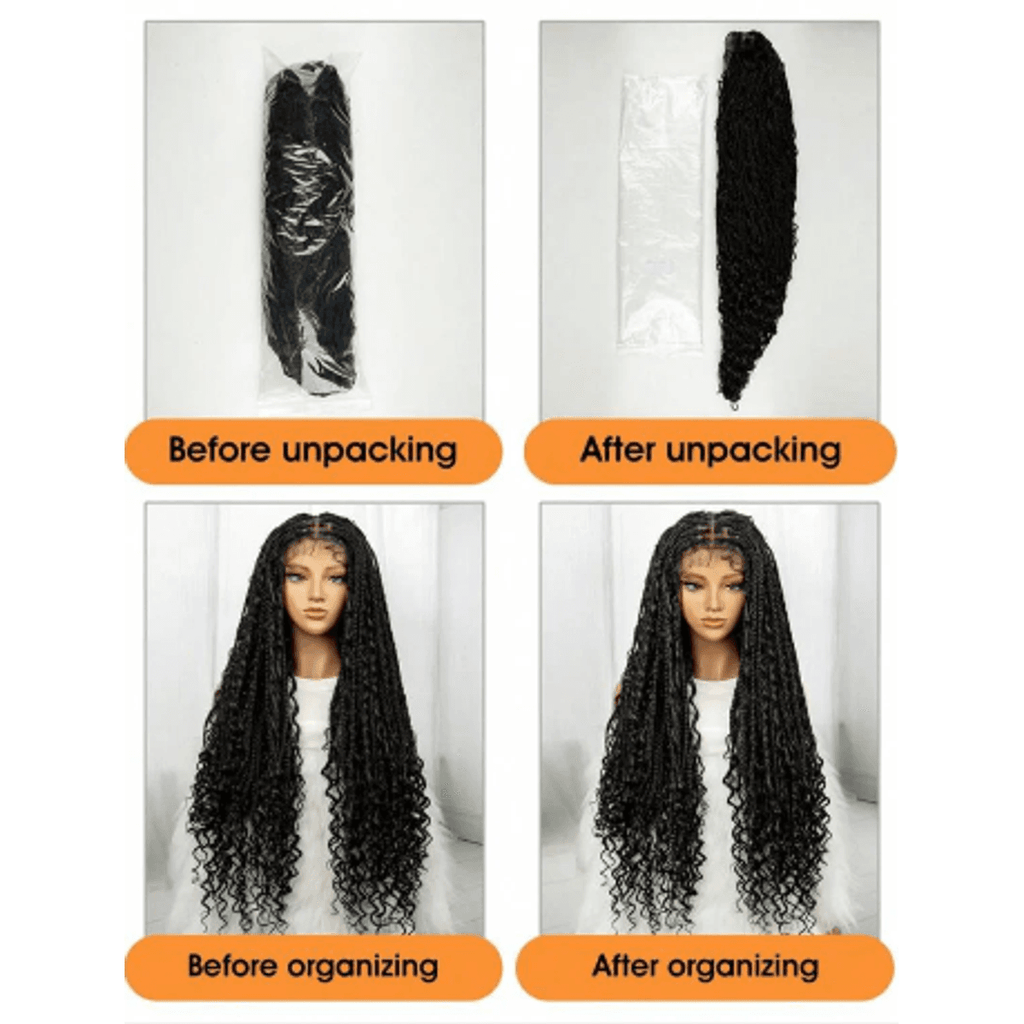 Goddess Braids Lace Front Wig before and after unpacking and organising