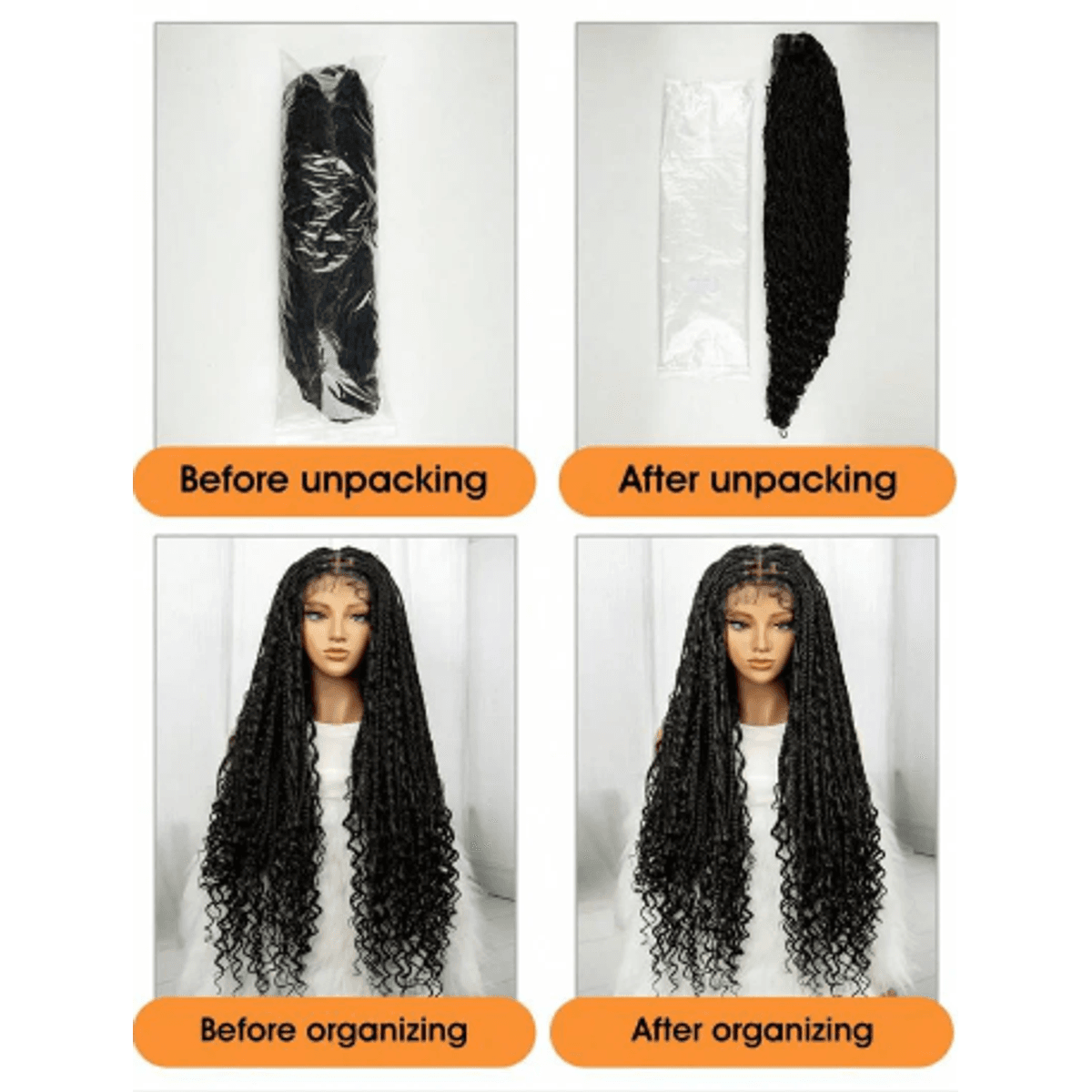 Goddess Braids Lace Front Wig before and after unpacking and organising