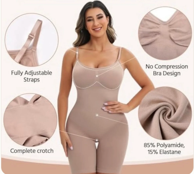 Seamless Full Body Torso Shapewear — Adjustable Straps and Fabric Detail