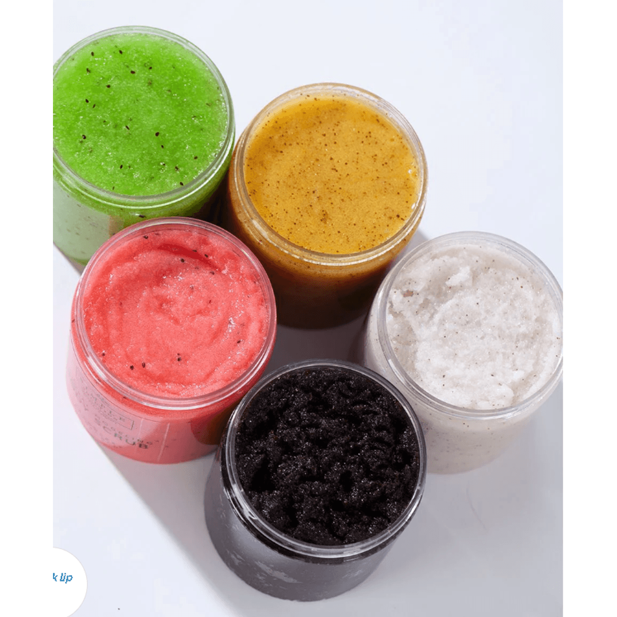 5 variants of Full Body Exfoliating Brightening Scrub — Turmeric, Kiwi, Watermelon, Coconut & Black Charcoal