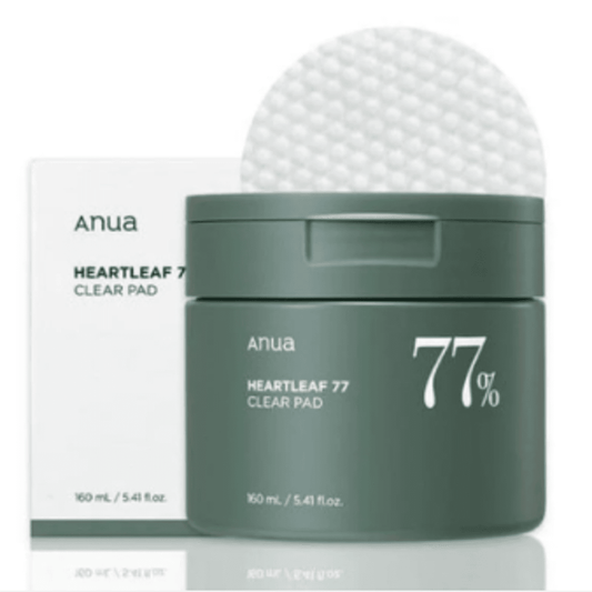 Anua Heartleaf 77% Clear Pad jar and box with visible white dimpled toner pad
