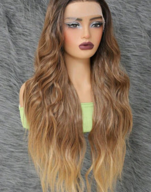 Ombre Blonde Long Wavy Lace Front Wig — 28 Inch full length worn view