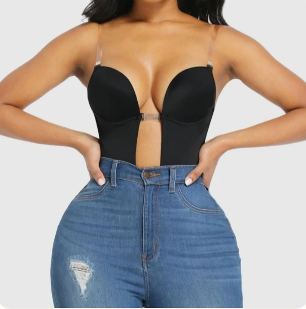 U-Plunge Backless Thong Bodysuit Product Detail — Bust Cup and Strap Features