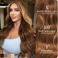Ombre Honey Blonde Body Wave Lace Front Wig — 28 Inch worn view with colour swatches