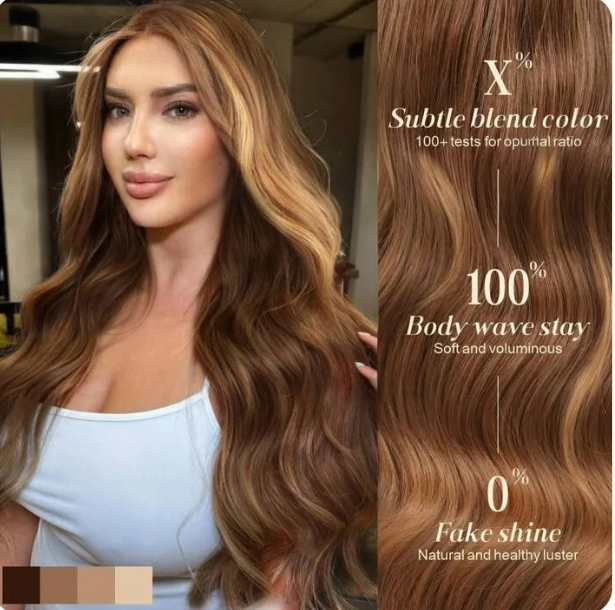 Ombre Honey Blonde Body Wave Lace Front Wig — 28 Inch worn view with colour swatches