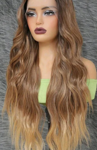 Ombre Blonde Long Wavy Lace Front Wig — 28 Inch side profile worn view