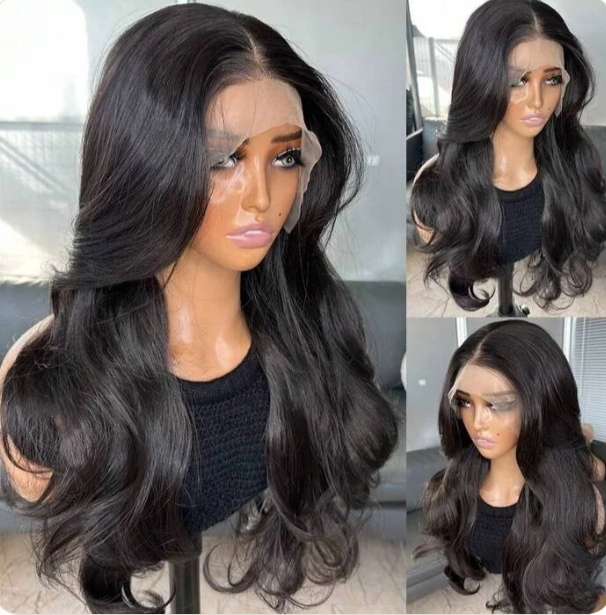 Natural Black Curtain Bangs Human Blend Lace Front Wig — 22 Inch Style Views