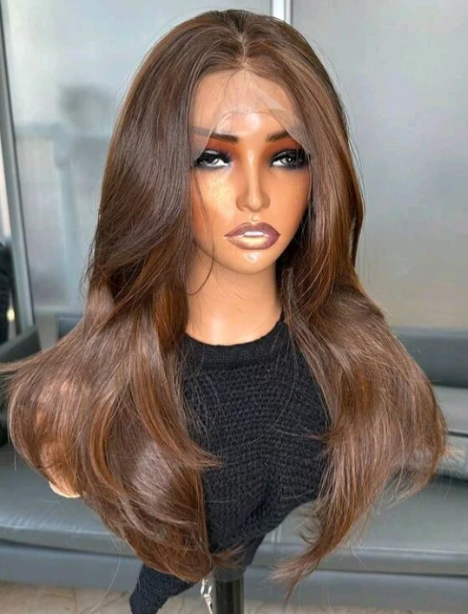 Brown Wavy Lace Front Wig — 18 Inch Curtain Bangs Close Up Front View