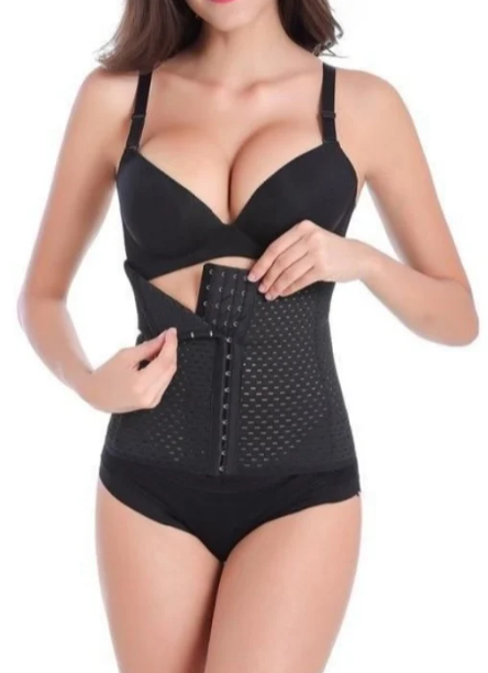 Elasticated Waist Cincher Corset in Black — Worn View Front