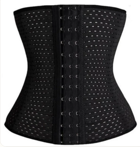 Elasticated Waist Cincher Corset in Black — Hook and Eye Closure Front View