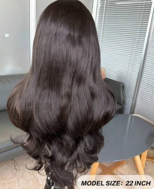 Natural Black Curtain Bangs Human Blend Lace Front Wig — 22 Inch Back View