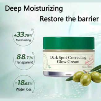 Dark Spot Correcting Glow Cream jar with olive leaves highlighting deep moisturizing barrier repair