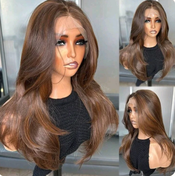 Brown Wavy Lace Front Wig — 18 Inch Curtain Bangs Front and Side Views