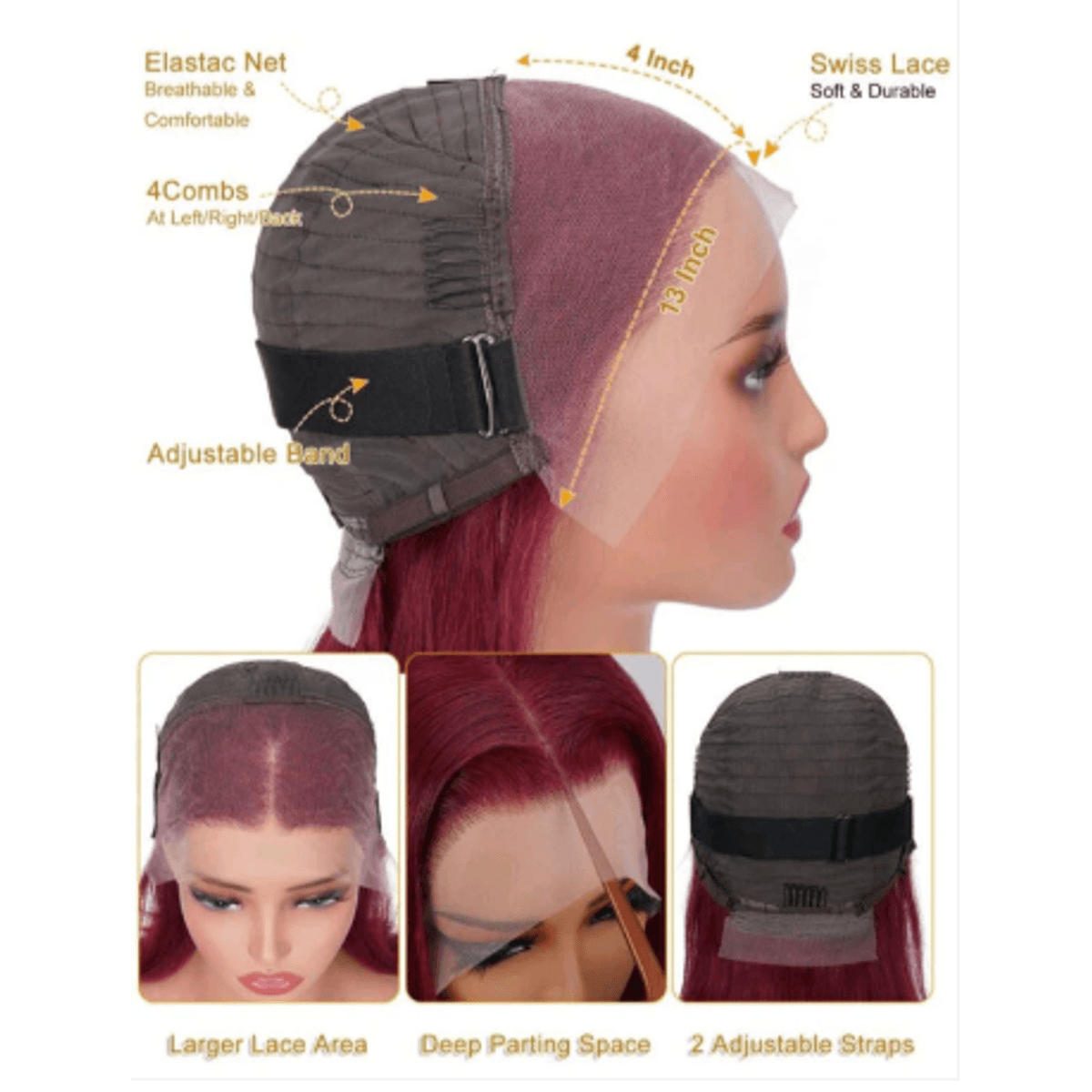 Burgundy Lace Front Bob Wig construction showing lace combs and straps