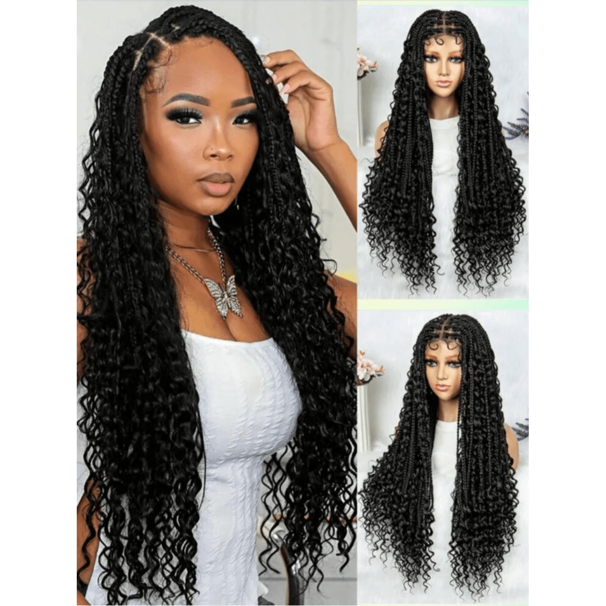 Goddess Braids Lace Front Wig 30 inch worn showing full length and curly ends